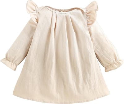 Allecto Plus - Peuter Katoenen Jurk Baby Meisjes Lange Mouw Ruche Outfit Effen Kleur - Lente Herfst Winter - Maat 6-24 Maanden