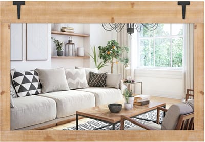 COSTWAY Wandspiegel om op te hangen, 97 x 67 cm grote hangspiegel met houten lijst, decoratieve spiegel met metalen haken, rechthoekige houten spiegel, voor slaapkamer, woonkamer, natuur