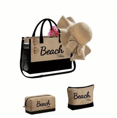 Strandtas Set Beach Vibes met Hoed & Toilettas – Jute Shopper met Crossbody Band en Make-up Tasje – Zomer Tas Dames Beige/Zwart