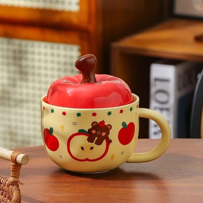 Creatieve Keramische Appel Mok met Deksel Retro Drinkbeker Hoge Uitstraling Huis Ontbijtbeker Koffiekopje Souvenir 410ml