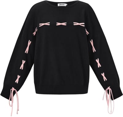 Comfortabele Gebreide Viscose Dames Trui met Contrasterende Strikken - Zwart - Maat S/M