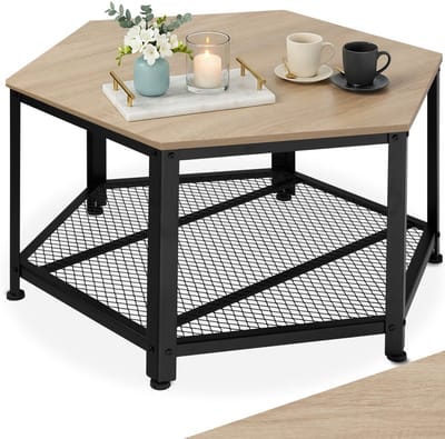 tectake® Salontafel met roosterplank - 6-hoekige tafel - Woonkamertafel met opbergruimte - Industrieel design - Zwart metalen frame - Afmeting (LxBxH) 86,5 x 75 x 46,5 cm - Lichtbruin