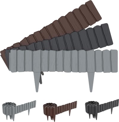 4 Stuks Tuinkanten Kunststof [totale lengte 2,3m] Houtlook Tuinborders Imitatie Tuinhek Antraciet Beetrand met 10cm Pennen Houtnerving Maaikant Borderrand voor Tuin/Perk/ Gazon , NAIZY