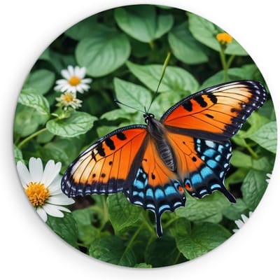 Saammp Muurcirkel Hout -Vlinder bij bloem - Dieren - Natuur - Ø 90 - Wandcirkel - Wanddecoratie Cirkel - muurdecoratie Woonkamer - Slaapkamer decoratie - Rond Schilderij