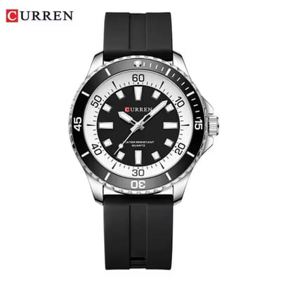 CURREN Horloge 8448 - Zilverkleurig-Zwart-Wit – Heren - Quartz - Grote Kast - Siliconen Band - Lichtgevend - Outdoor Sporthorloge - Waterbestendig