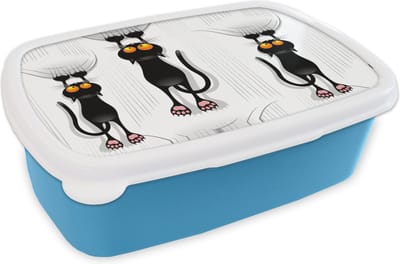 Broodtrommel Blauw - Lunchbox - Brooddoos - Patroon - Kat - Zwart - Jongens - Meisjes - Kinderen - Kids - 18x12x6 cm - Kinderen - Jongen