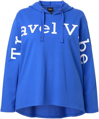 Ulla Popken - Dames - Hoodie opschrift A-lijn capuchon lange mouw - Inktblauw - Maat 42+