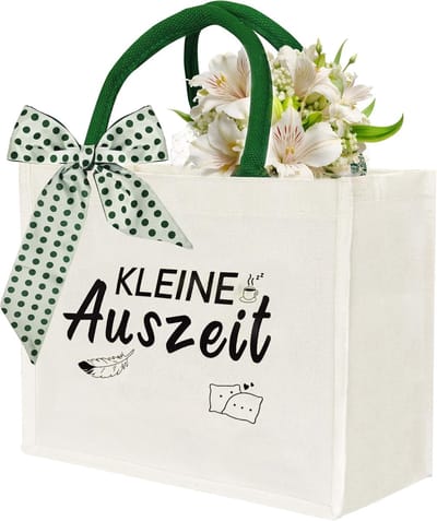 Cadeaumand Vrouwen - Kleine Verwennerij - Moment van Rust - Hartverwarmende Tekst - 30x26x16 cm - Groen Gevlekt