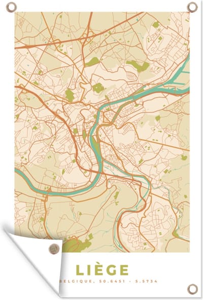 Muurdecoratie Kaart - Stadskaart - Vintage - Luik - Plattegrond - 120x180 cm - Tuinposter - Tuindoek