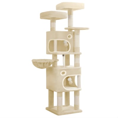 Kattenboom – Voor Binnenkatten – 159 cm Multi-Level Kattenkrabpaal met 8 Krabpalen, 3 Platforms, 2 Kattenhuizen en Mand – Beige