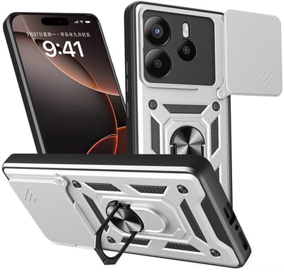 MobyDefend Hoesje - Geschikt voor Xiaomi Redmi Note 14 5G - Pantsercase Met Draaibare Ring - Zilvergrijs
