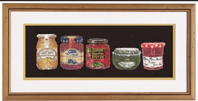 Thea Gouverneur - Borduurpakket met telpatroon - 3047.05 - Voorgesorteerde DMC Garens - Jampotjes - Zwart Aida - 12 cm x 35 cm - DIY Kit