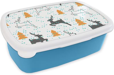Broodtrommel Blauw - Lunchbox - Brooddoos - Hert - Patroon - Boom - 18x12x6 cm - Kinderen - Jongen
