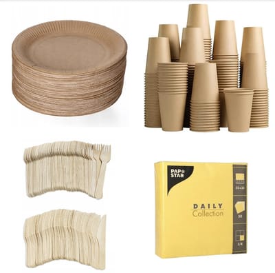250 stuks x Houten wegwerp bestek set eco/milieubewust – 50 bruine kartonnen borden 23cm + 50 kartonnen bekers 240ml+ 50 Vorken 16cm + 50 messen 16cm+ 50 servetten geel 32x32cm Feest/verjaardag/BBQ picknick