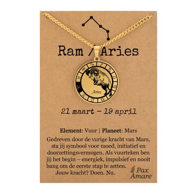 Ram / Aries Sterrenbeeld Ketting op Cadeau Kaartje - Goudkleurig - RVS - Spiritueel Cadeau - 60cm - Pax Amare