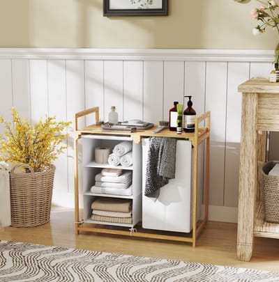 MEUNIQ wasmand met 2 uittrekbare en afneembare waszakken, opbergplank en 4 vakken, 70 x 36 x 70 cm, bamboe wasverzamelaar voor slaapkamer of wasruimte, wit