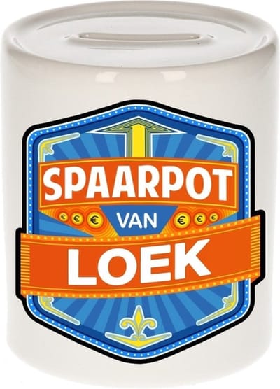 Bellatio Decorations Kinder spaarpot met naam - Loek - keramiek - met dop - wit - Sparen - Spaargeld van Loek