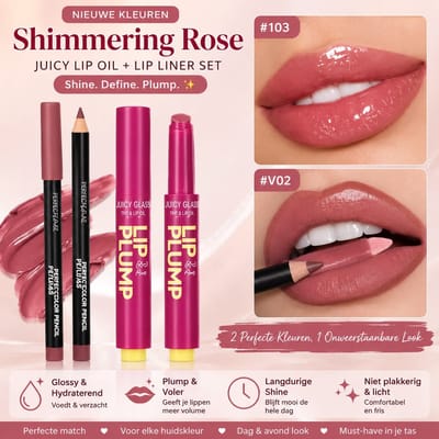 Lip Oil met Lip Liner Set – Shimmer Lip Gloss, Plumping Effect, Hydraterend, Langhoudend, Waterproof Lipliner, Rosé Pink + Gratis Masker