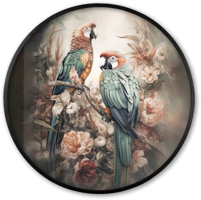 Poster in lijst Rond - Fotolijst 60x60 cm - Posters - Papegaaien - Vogels - Natuur - Bloemen - Ronde posterlijst zwart - Decoratie - Wanddecoratie woonkamer - Muurdecoratie slaapkamer