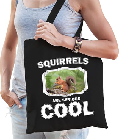 Dieren eekhoorntje katoenen tasje volw + kind zwart - squirrels are cool boodschappentas/ gymtas / sporttas - cadeau eekhoorntjes fan