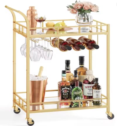 Luxe Keukentrolley Goud - Bar Cart met Wijnrek & Glashouder - Serveerwagen op Wieltjes - Spiegeleffect Glas - 66x38x90 cm