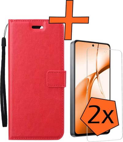 Hoes - Met 2x Screenprotector - Geschikt voor OnePlus Nord CE4 - Luxe Pasjeshouder - Bookcase Portemonee - Flip Case - Kunstleer Book Case - Flipcase Hoes - Book Cover - Walletcase - PortemonneeHoes - Rood