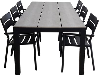 7-delige tuinset | 6 Delia stapelbare tuinstoelen (Black) | 225cm Cyprus tuintafel (Grey)