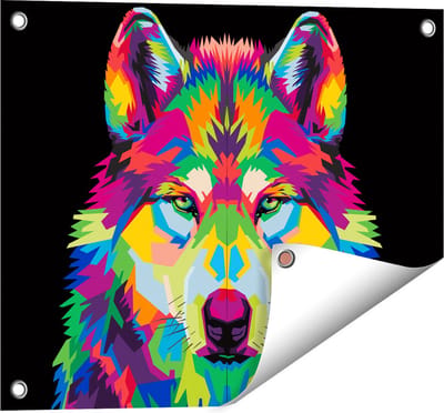Gards Tuinposter Gekleurde Wolvenkop - Wolf - Abstract - 50x40 cm - Tuindoek - Tuindecoratie - Wanddecoratie buiten - Tuinschilderij