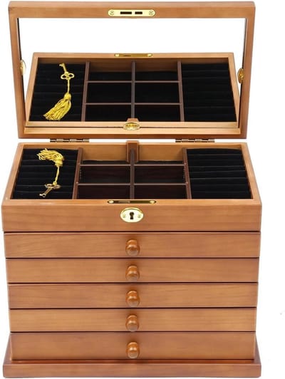 Houten Sieradenkist - Juwelendoos Organizer - Sieraden Opbergen - 6 Lagen Met Spiegel - 29.5x18.5x25 cm - Bruin