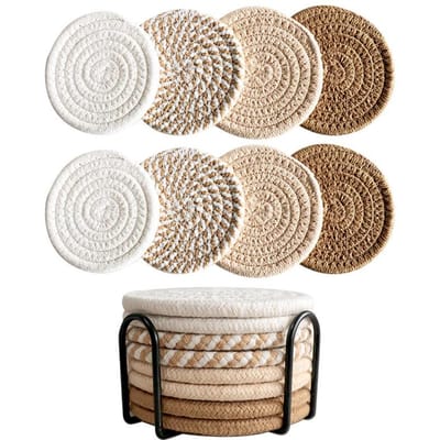 8-delige Set Absorberende Onderzetters voor Dranken, Minimalistische Katoenen Geweven Onderzetters Koffietafel Decor Boho Schattige Bekeronderzetters