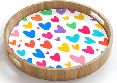 Dienblad rond 40x40 cm - Schootdienblad hout - Hartjes - Kleurrijk - Patroon - Levendig - Borrelplank rechthoek - Plateau houten dienbladen
