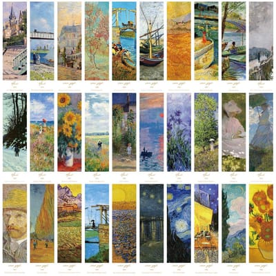 Dailygoods- Boekenleggers Set van 30 - Artistieke Bladwijzers - Premium Karton - Waterbestendig - 15 x 4 cm - Inspiratie Van Gogh/Monet - Kunstboekenleggers