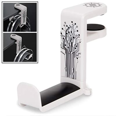 Hoofdtelefoon Hanger met Verstelbare Draaibare Arm - Onder Bureau Klem, Universele Pasvorm en Kabel Organiser - Wit