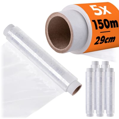 KADAX 5 x vershoudfolie 29 cm x 150 m rol, transparante folie voor het vers houden van levensmiddelen, afdekken en luchtdicht verpakken, grote keukenfolie