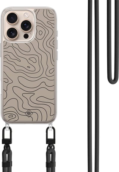 Casimoda® hoesje met koord - Geschikt voor iPhone 16 Pro - Abstract Lines - Afneembaar koord - TPU/polycarbonaat - Bruin/beige