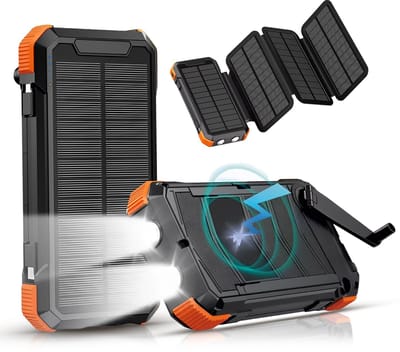 Tech Essentials Solar Powerbank 26800 mAh - USB-C - Zonneenergie - Met Zaklamp - Opvouwbare Zonnepanelen - Opwindbaar - Groot - Zwart Oranje