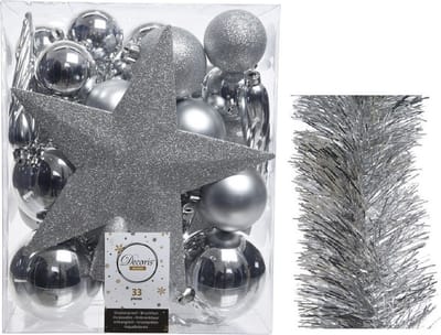 Kerstversiering kunststof kerstballen 5-6-8 cm met ster piek en folieslingers pakket zilver van 35x stuks - Kerstboomversiering