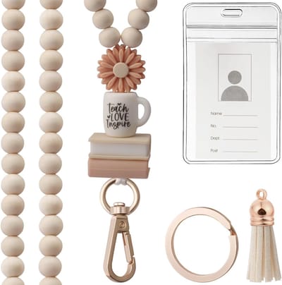 Werk-ID-lanyard - Lerarenlanyard met ID-houder - Stijlvolle houten kralen sleutelhangerlanyard - Super schattige Boho Breakaway Lanyard voor vrouwen