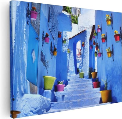 Artaza Canvas Schilderij Chefchaouen - 40x30 cm - Klein - Muurdecoratie Blauwe Stad - Wanddecoratie Steeg - Kamer Accessoires
