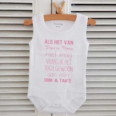 Baby Rompertje met tekst roze meisje oom en tante : Als het van papa en mama niet mag vraag ik het toch gewoon aan mijn oom en tante  -Maat 74-80 korte mouw mouwloos