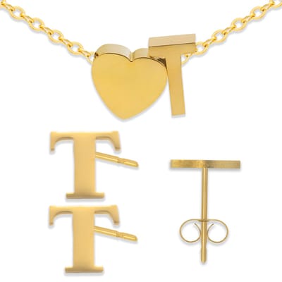 Initiaal Armband & Oorbellen set met Letter T Goudkleurig - Stainless Steel - Met letter & Hartje! - 2x Sieraden Cadeau - Pax Amare