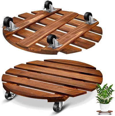 Ronde Houten Plantenstandaard met Wielen voor Zware Bloempotten