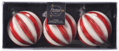 Decoris Luxe kerstballen - 9x - rood/wit gestreept - D8 cm - glas - glitter - brass - Kerstversiering/kerstboomversiering