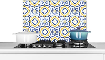 Spatscherm keuken 60x40 cm - Kookplaat achterwand Bloem - Blauw - Geel - Tegels - Patronen - Muurbeschermer - Spatwand fornuis - Hoogwaardig aluminium