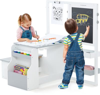 COSTWAY 6-in-1 kinderschilderset, staand bord van hout met dubbelzijdig krijtbord, whiteboard en papierrol, kinderbord in hoogte verstelbaar met bank, planken voor kinderen vanaf 3 jaar (lichtgrijs)
