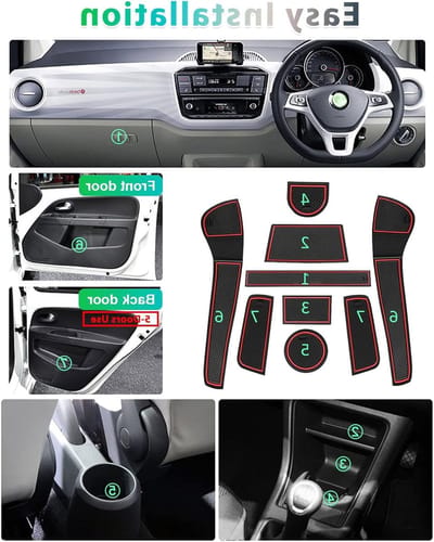 Anti-slip Matten voor VW UP, Seat MII en Skoda Citigo (2013-2023) - Rubber, Console, Cup Holder en Deur Seam Matten, 9 Stuks (Rood)