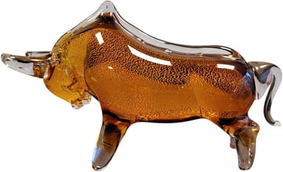 glas sculptuur stier Amber met zilver - 28x8x18 cm handgemaakt - helder horoscoop stier