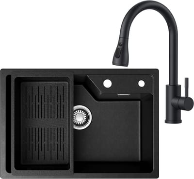 Sofetiy Max Granieten Spoelbakken (65*45cm) - Spoelbak Keuken Met Keukenkraan met Uittrekbare Uitloop - Wasbak Keuken Met Waterafvoersysteem en Afdruiprek - Zwart