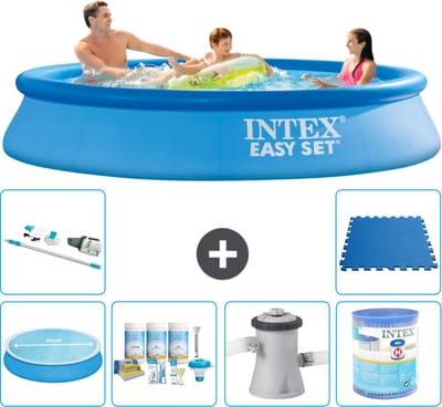 Intex Rond Opblaasbaar Easy Set Zwembad - 305 x 61 cm - Blauw - Inclusief Solarzeil - Onderhoudspakket - Zwembadfilterpomp - Filter - Stofzuiger - Vloertegels - 7-delig