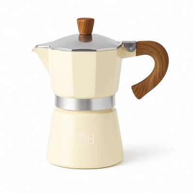 Adore Maison Barista – Moka pot 6 Kops – Beige met Houten Handvat – Traditionele Espressomaker voor Gas & Elektrisch